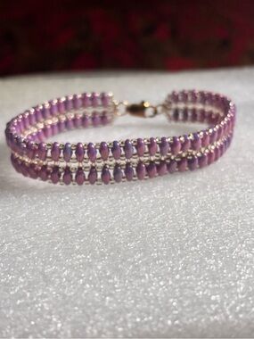 Handmade Lilac and Gold Tone Double-Row Beaded Bracelet 7.5 inches